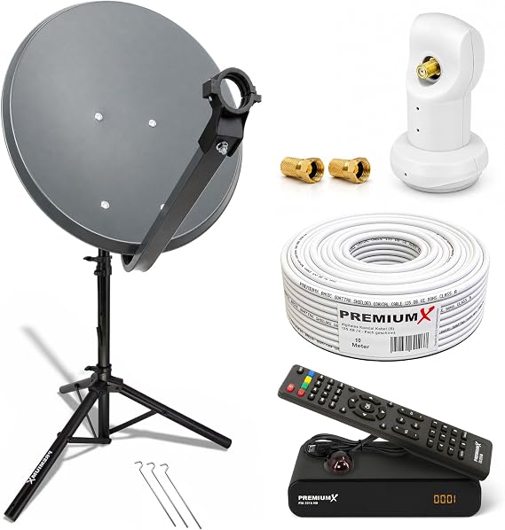 PremiumX Camping Satellite Complete System 60 cm Antenna Anthracite SAT Single LNB Tripod TV Cable DVB-S2 HD Receiver