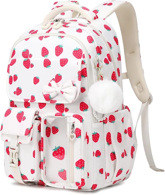 Girls School Backpack, Cute Kids Rucksack for Primary Secondary School, School Bag for Teenagers with Bow & Pom Pom Charm, Multi-Pocket