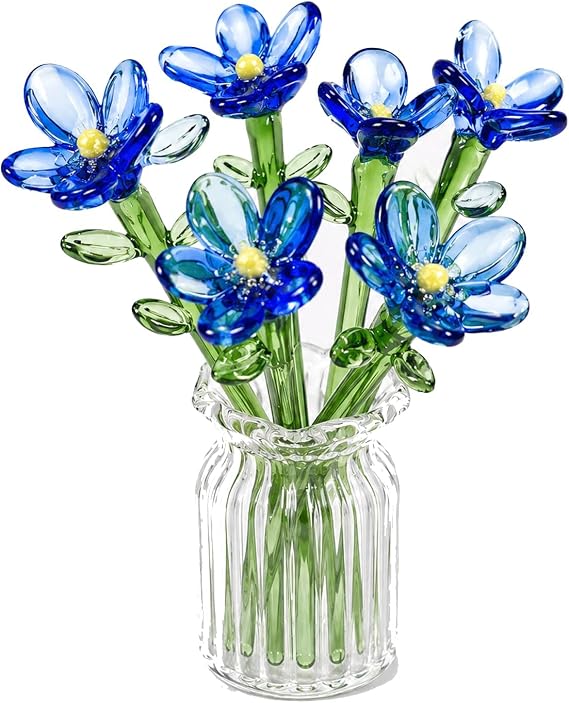 8Pcs Mini Glass Flowers in Vase, Hand Blown Glass Artificial Flower Bouquet Set, Cute Small Wildflower with Stems, Miniature Decor for Spring Table Ornament, Gift for Women Girl (Blue)