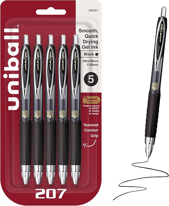 uniballTM 207 Gel Pens, Black Ink, 0.38mm Ultra Micro Point, 5 Count