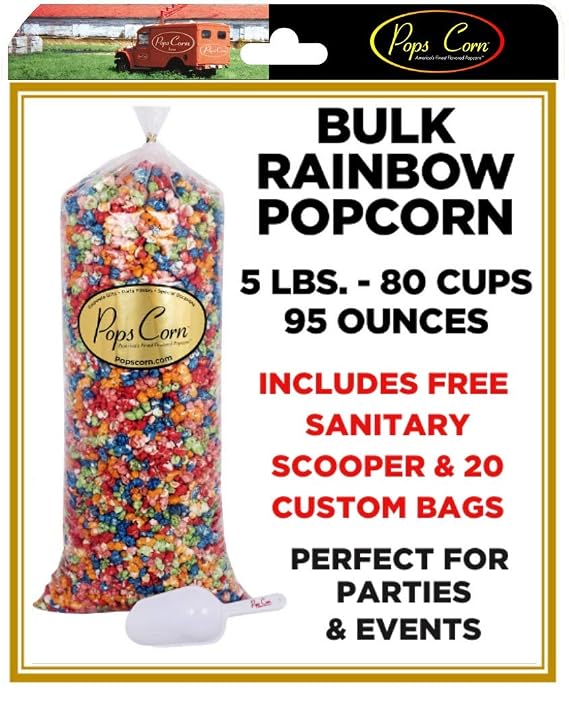 RAINBOW POPCORN-Pops Corn - Gourmet Popcorn BULK/WHOLESALE POPCORN - 5 GAL-80 CUPS-95 OZ-FREE SANITARY SCOOPER & 20 gift Bags Included!