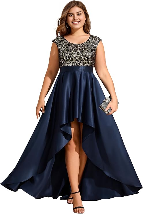 Ever-Pretty Plus Women's Round Neck Satin Sequin A Line Plus Size High Low Prom Evening Dresses with Sleeves Navy Blue US20