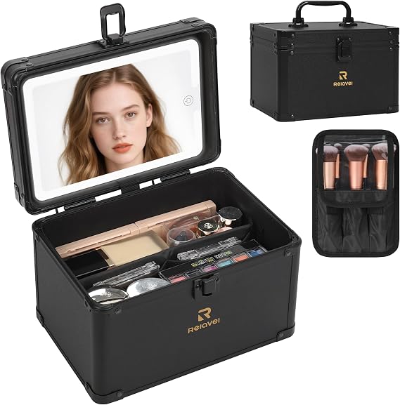 Relavel Travel Small Makeup Bag With LED Mirror in 3-Mode Light | Compact Cosmetic Makeup Organizer Vanity Case for Women Beauty Accessories, Rechargeable Makeup Travel Storage