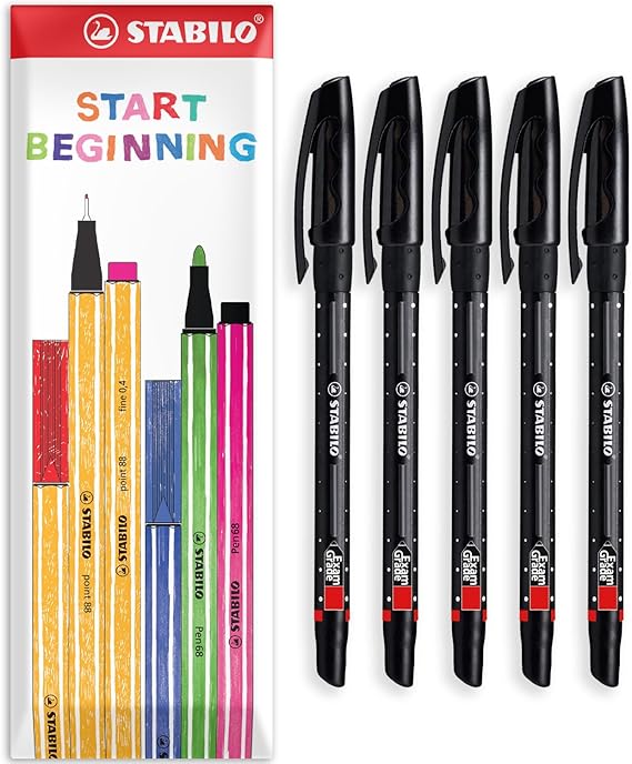 STABILO Exam Grade Ballpoint Pen | Stationery Pens for Students/College/University | 0.45mm Line Width | In Envelope Gift Packaging (Black Pack of 5)