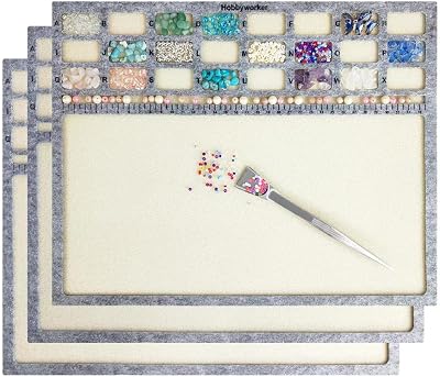 hobbyworker Bead Mat,Soft Perfect Stable,Surface Flocking with Centimeter Scale 3 Pcs SetL and Stainless Steel Handy Tweezers with Scoop for Jewelry Making Beading Supplies
