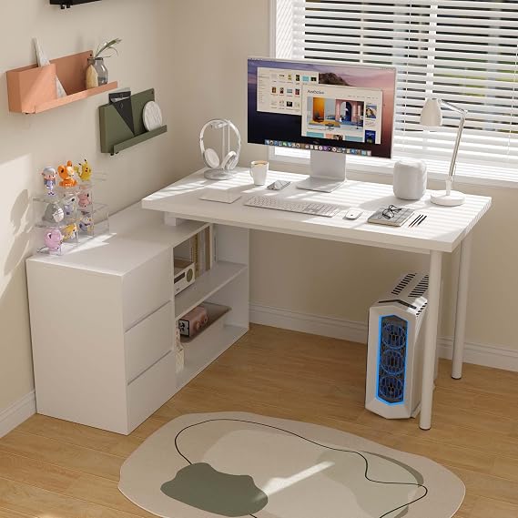Bobve L Shaped Computer Desk, 47 Inch Home Office Desk with File Drawers & Storage Shelves, Small Corner Computer Desk for Small Space (White)