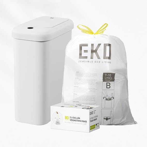 EKO Small Automatic Trash Can Starter Set - Includes 2.6 Gallon Slim Touchless Bathroom Garbage Bin Plus 80-Count of 2.6 Gallon Extra-Strong Drawstring Small Trash Bags