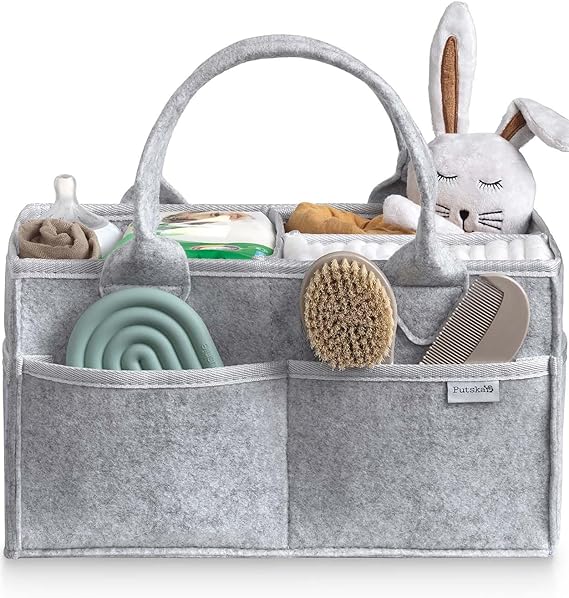 PUTSKA Baby Nappy Caddy Organizer - Nursery Storage Basket for Nappy Station, Baby Basket Shower Gifts List and Registry Must-Haves, Newborn Essentials, Nursery Decor for Boy or Girl-Grey,ExtraLarge | Baby Basket