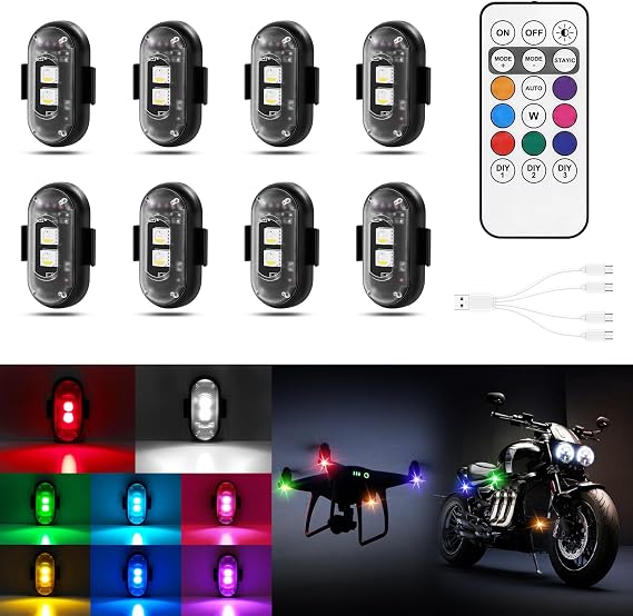 Wireless LED Lights for Car 8PCS with Remote Control, Wireless LED Strobe Lights 8 Colors USB Charge IP65 Waterproof Anti-Collision for Car Motorcycle Drone RC Aircraft Bike, Black