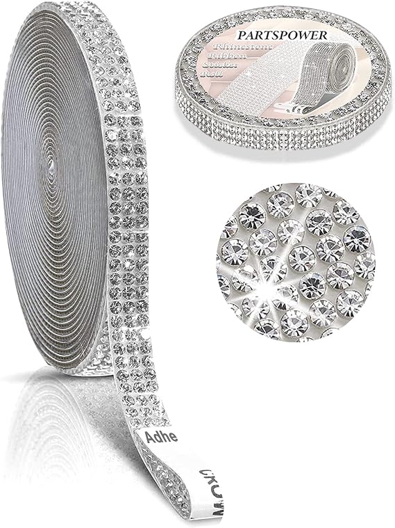 9 Yards Adhesive Rhinestone Ribbon Strips Roll, Crystal Bling Diamond Stickers Tape, Decorative Rhinestone Stickers for Craft DIY Gift Decoration (Silver, 0.25 Inch x 9 Yards)
