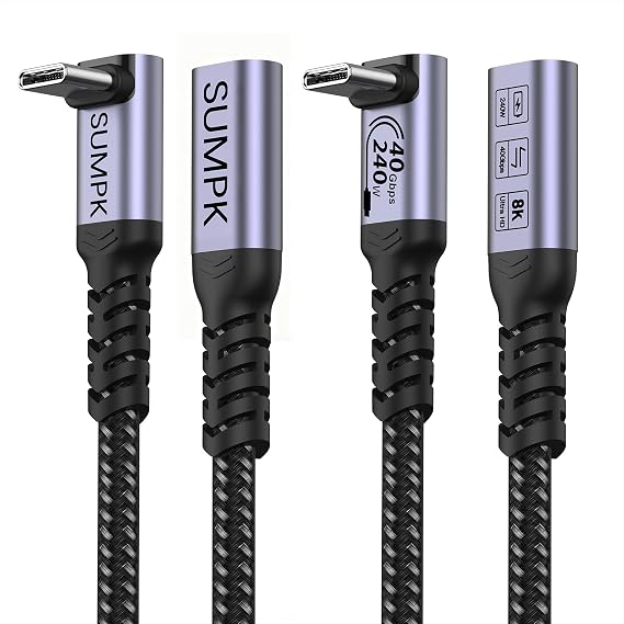 USB 4 延長ケーブル 3.3フィート 40Gbps/240W/8K 2個パック 90度 USB 4.0 オス-メス 延長ケーブル USBCエクステンダー Hub/PSVR2/iPhone 17/iPad/MacBook/Magsafe充電器に対応