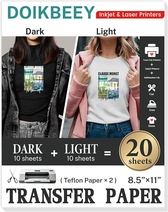 20 Sheets Mixed Light & Dark Heat Transfer Paper, 8.5" X 11" Iron On Transfer Paper for T Shirts & Fabric Printable HTV Heat Transfer Vinyl for Inkjet Printe