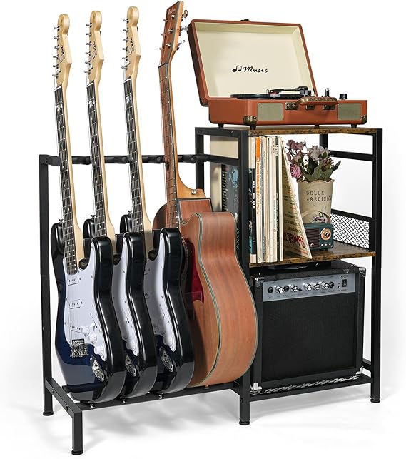 ikkle Guitar Stand Multiple Guitars with Vinyl Record Storage Cabinet Holder, Guitar Floor Holder with 3-Tier Storage Shelf for Acoustic, Bass, Electric, and Guitar Case. (Two Installation Methods) | Guitar Floor Holder with 3-Tier Storage Shelf for Acoustic, Bass, Electric, and Guitar Case (Two Installation Methods)