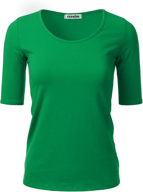 SSOULM Women's 1/2 Sleeve Scoopneck Cotton T-Shirt - Basic Slim Fit Stretch Top (Available in Plus Size)