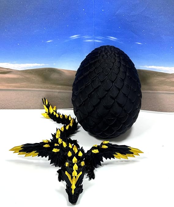 Crystal Winged Dragon with Egg, Articulated Dragon with Wings, 3D Printed Black and Gold Crystal Fidget Stress Relief Toy Fidget ADHD Autism Toy CW004-BE