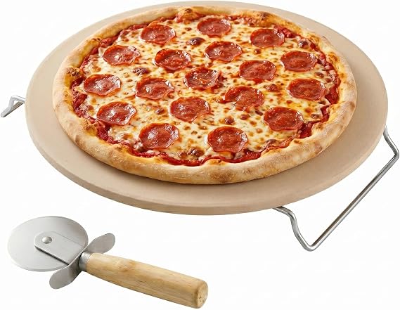 OVENTE 13" Round Pizza Stone for Oven and Grill, Beige BW10132 | Heat Resistant Flat Ceramic w/ Cutter Wheel, Metal Rack Stand, Ideal for Making Crisp Crust Flatbread, Bread, Cookies & More