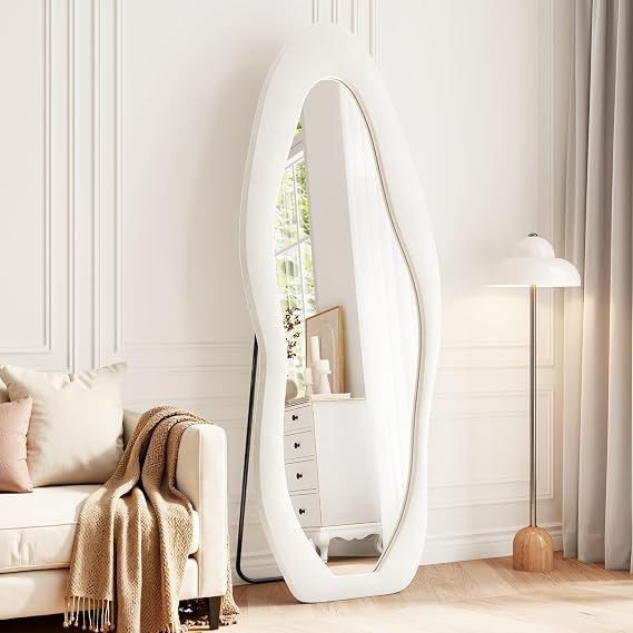 Full Length Mirror, 63"x24" Flannel Floor Mirrors with Stand | Irregular Wavy Mirror Full Body for Bedroom Living Room, Hanging or Leaning Wavy Wall Mirror, Tempered Glass, Beige