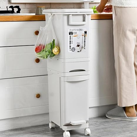 Greenfields Vertical 32L Waste Bin with Dual Compartments & Pedal – Dry & Wet Trash Separator with Wheels – Slim, Durable Recycling Container for Compact Kitchens, Homes & Workspaces