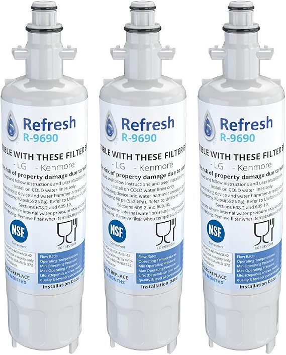 Refresh Replacement Refrigerator Water Filter Compatible with Kenmore 46-9690, ADQ36006102 and LG LT700P, ADQ36006101 (3 Pack)