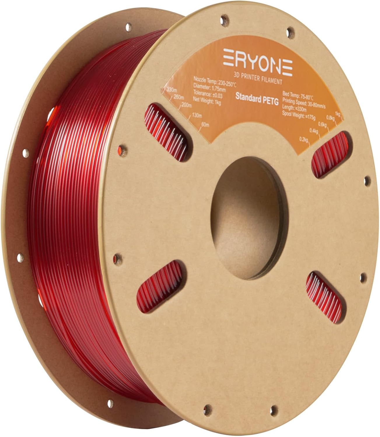 ERYONE PETG Filament for 3D Printer, 1.75mm -0.03mm, 1kg2.2LBSSpool, Transparent Red