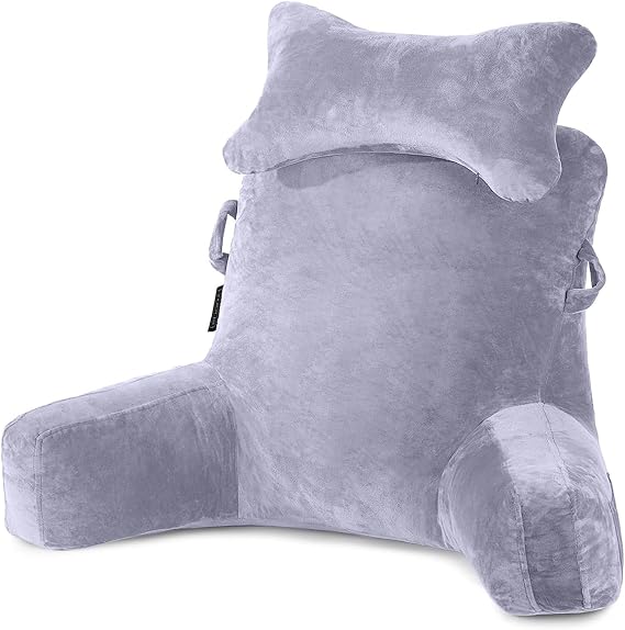 SLIGUY Reading Pillow-Bed Rest Pillow with Detachable Neck Roll & Higher Support Arm for Sitting in Bed Couch or Floor-Backrest Reading Pillow Adult Back Pillow for Watching TV/Gaming,Light Grey