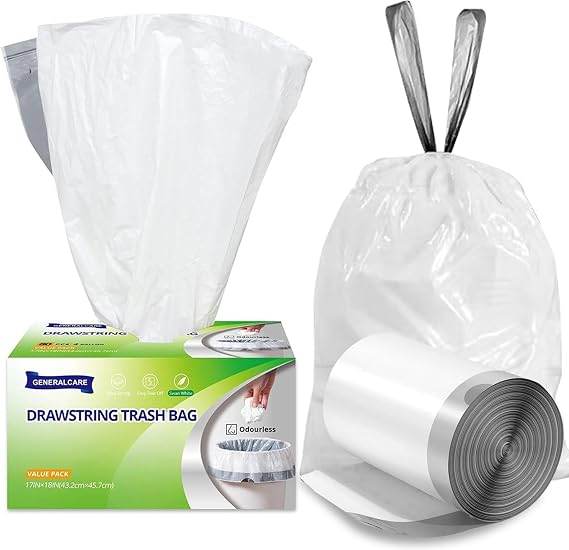 4 Gallon Drawstring Trash Bags, 80 Count - Small White Garbage Bags, Extra Strong & Thick, Tear & Leak Proof for Bathroom, Office, Bedroom, Kitchen Desk Bins(4 Gallon, 80 PCS)