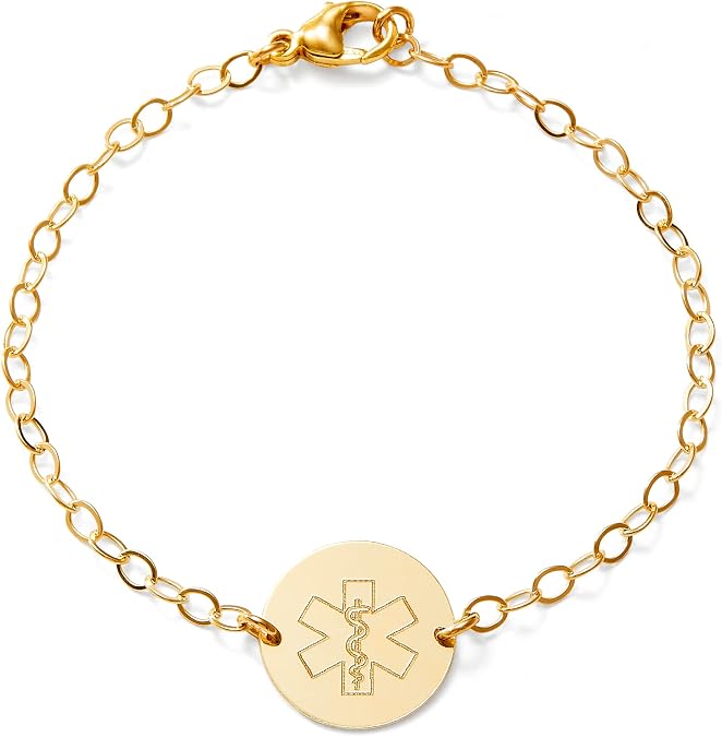 Medical Alert Bracelets for Women, ID, 14K Gold Filled, Sterling Silver | Custom medic jewelry, personalized engraving. Hypoallergenic, waterproof, adjustable, a gift box, med ID wallet card included