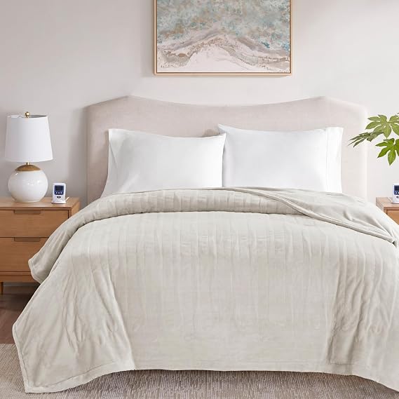 Beautyrest Heated Electric Blanket for Cold Weather, Fast Heating Wi-Fi Heated Blanket, Voice Command Alexa Compatible, Auto Shut Off, Virtually Zero EMF, 20 Heat Setting, UL Certified, Queen Ivory | Fine-Grain Ultra-Plush Heating Blanket, 20 Heat Settings & Auto Shut Off, Machine Washable