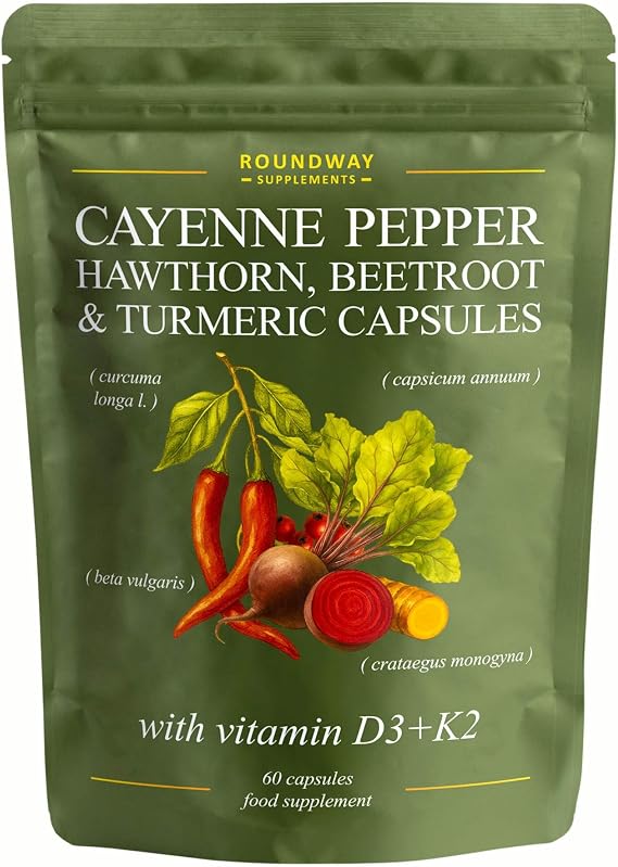 Cayenne Pepper Capsules with Hawthorn, Beetroot, Turmeric and Vitamin D3 K2 for Heart & Circulatory Support | 60 Capsules, 1 Month Supply | Made in The UK by Roundway Supplements