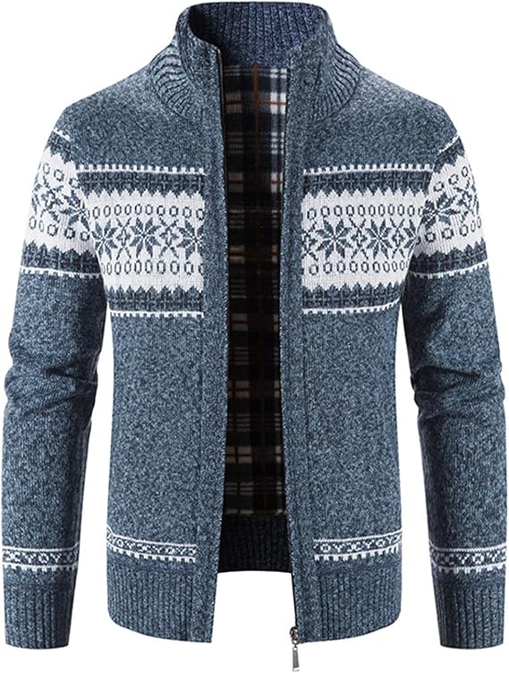 Men's Cardigan Sweaters Stand Collar Cable Thick Knitted Full Zip Sweater with Pattern
