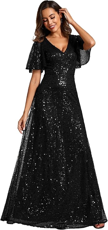 Ever-Pretty Women's Elegant Sequin Short Ruffle Sleeve Embroidery A-Line Evening Dress Formal Wedding Maxi Dress 02120