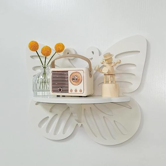 Butterfly Shaped Nursery Wall Deor Floating Shelf, Cute Wall Display Rack for Kids Room, Small Decorative Shelf Wall Mounted, White Hanging Wall Shelf for Toys, Plants and Decorations Storage, White