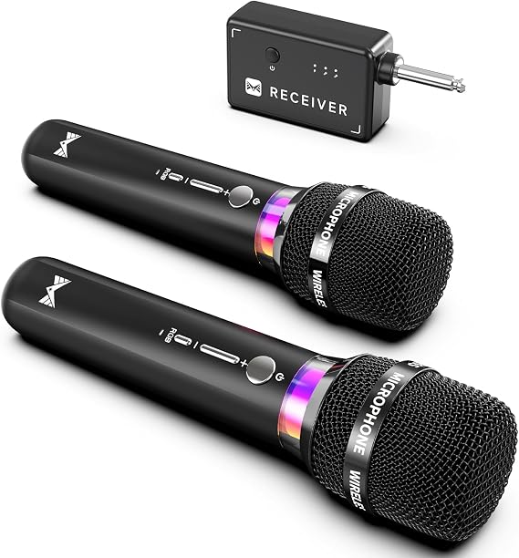 Wireless Microphone, Rechargeable Wireless Microphones with One-to-One Chip Connection and LED Lights, 40H Duration, 200FT Range Receiving, Less Latency Karaoke Microphone for Singing, Speech, Party