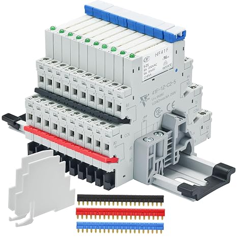 UL Listed 10Pcs 5 Volt Relay Miniature Power Relay 5V DC 6Amp SPDT with LED Indicator Socket Base 41F-1Z-C2 with Jumper Separator Socket Base DIN Rail