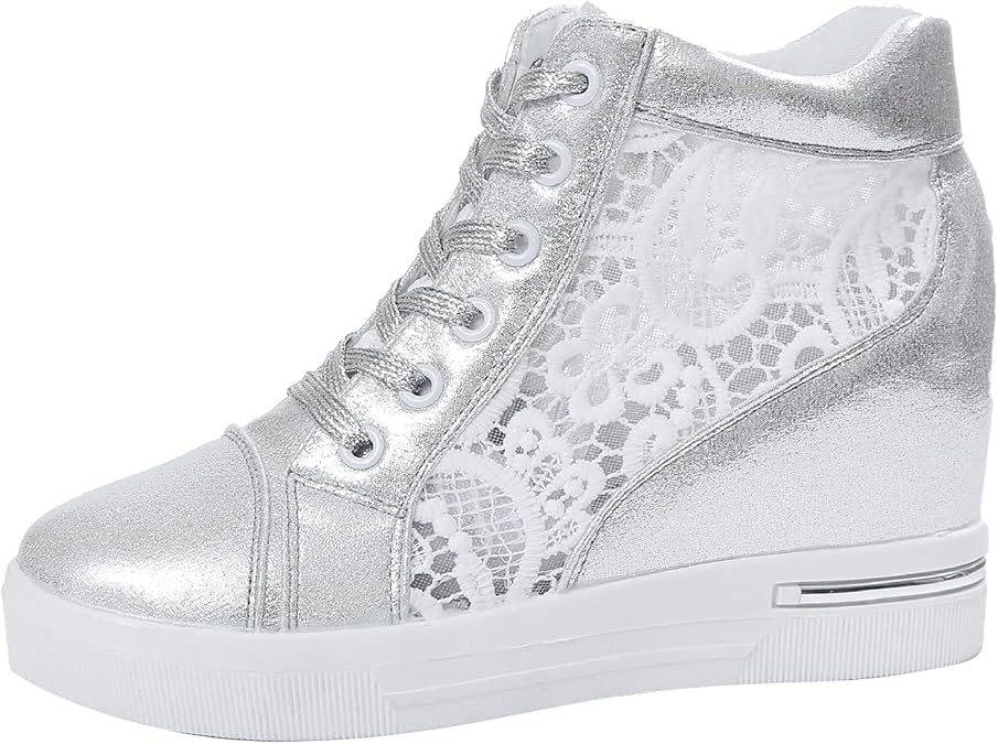 Hidden Wedge Heel High Top Sneakers for Women, Increasing Shoes Rubber Wedge Women Platform Lace Leather Women's Casual Shoes Slip on Womens Shoes Business Casual
