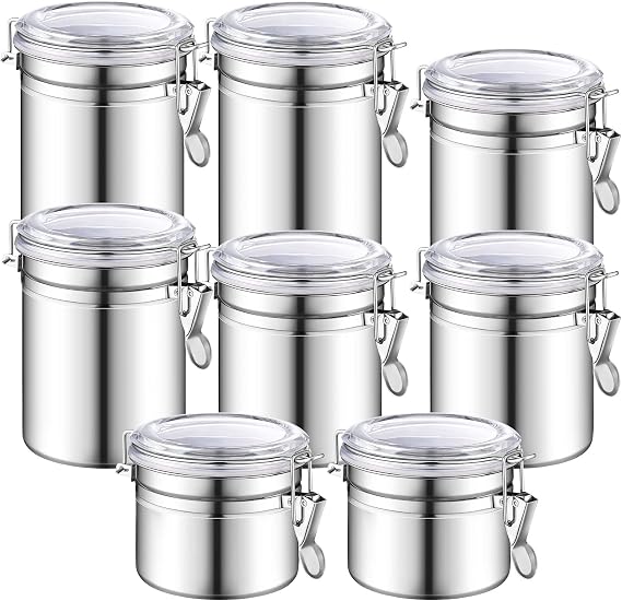 Rtteri 8 Pieces Stainless Steel Airtight Canister Set with Clear Lid and Locking Clamp Food Storage Container Set Stainless Steel Kitchen Canister for Coffee Sugar Flour Tea Candy Cookie Spice