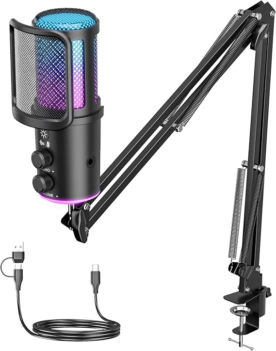 USB Gaming Microphone, Condenser Microphone with Noise Cancellation, Reverb Adjustment, Monitoring for Streaming, Podcasting, Discord, YouTube, PC, Computer, PS4, PS5, Mac