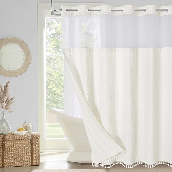 MitoVilla No Hooks Needed Farmhouse Shower Curtain with Snap-in Liner - with Window & Magnets, Boho Cotton Linen Fabric Shower Curtains with Tassels for Rustic Bathroom Decor, Ivory, 72 x 74