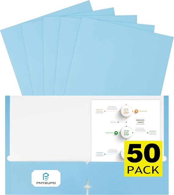 pmybupo Blue Folders with Pockets 50 Pack Pastel Colors,2 Pocket Folders Fit Letter Size Paper,Paper File Folder for School Office Home Bussiness