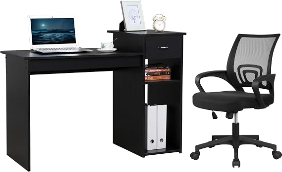 Yaheetech Black Computer Desk and Chair Set with Drawer, Shelves, Mesh Seat