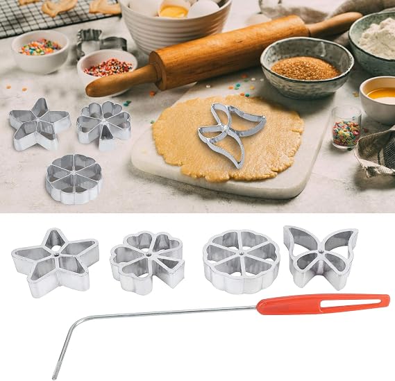 Rosette Set, 4Pcs Cake Printing Pastry Biscuit Dessert Maker Waffle Model Set Baking Accessories,Rosette Iron Mold Set Bunuelos Mold with Handle