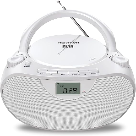 Bluetooth CD Player Boombox with AM/FM Radio Stereo Sound System, Playback CD/MP3/WMA, USB & AUX Ports, Headphone Jack, LCD Display, AC/DC Operated, White