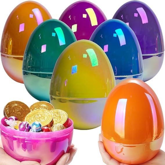 6 Pcs Large Easter Eggs Fillable, 6 Inch Colorful Jumbo Plastic Empty Egg Stand Upright for Easter Eggs Hunt Basket Stuffers Fillers Filling Treats Party Favor Classroom Prizes Supplies (Shimmer)
