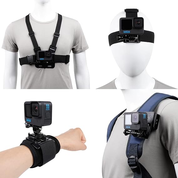 PellKing Accessories Set for GoPro Hero 13/12/11/10/9/8/7/6/5/Mission 1 Pro | New Quick Release Head Strap Mount + Chest Mount Harness + Backpack Clip Holder + 360Rotating Wrist Strap for DJI Action 6 5
