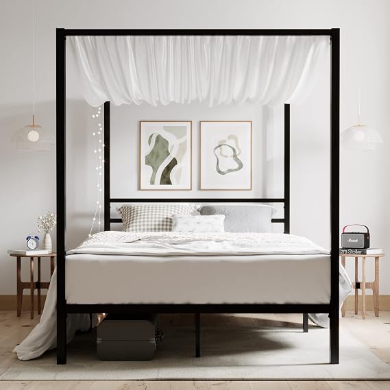 ikalido Full Size Metal Canopy Bed Frame, Heavy-Duty Support, Black