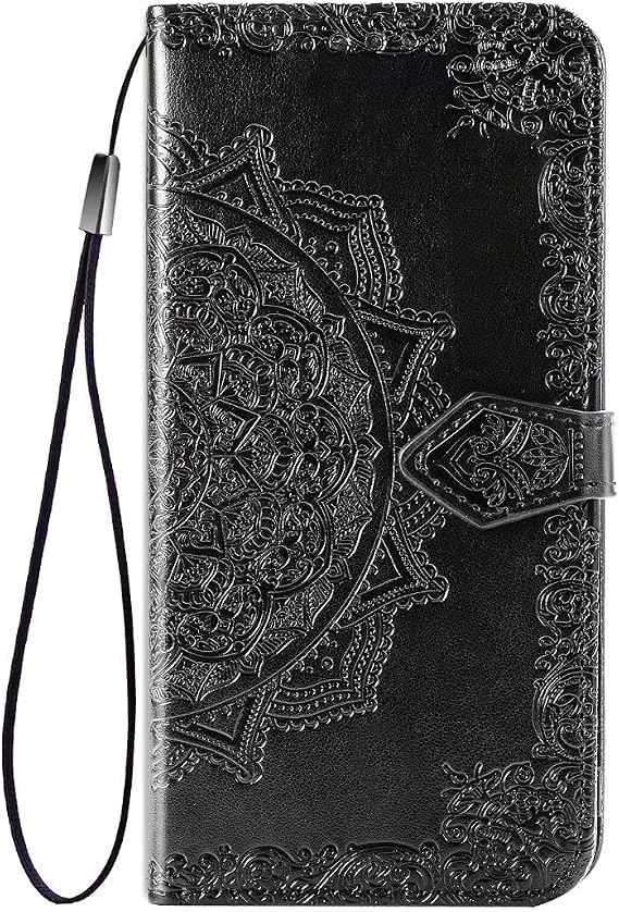 For iPhone 15 Pro Max Case Flip Phone Case Mandala Embossed Phone Case Shockproof PU Leather Stand View Wallet Bookstyle Case Cover Silicone Bumper Phone Case for iPhone 15 Pro Max Black
