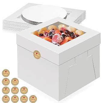 10 Pack Cake Boxes, 12 x 12 x 8 Inches Tall Cake Boxes with Window, Disposable White Cardboard Bakery Boxes Large Baking Boxes for Cake Decorating Supplies, Cookies, Pies, Cupcakes