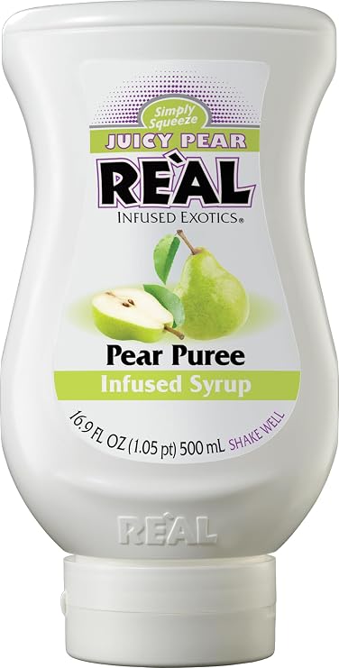 Real Infused Exotics Juicy Pear Puree Syrup, 16.9 fl oz Squeezable Bottle | Delicate Fruit Flavor, Ideal for Cocktails, Mocktails, Culinary, Desserts, Squeeze Bottle, Drip-Free Spout, Easy Dispensing