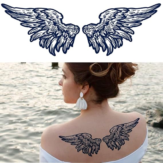 Lasting 1-2 Weeks Large Wing Tattoo Temporary Tattoos Semi Permanent Chest Back for Women Men 7 X 4.7 Inch (4 Sheets)