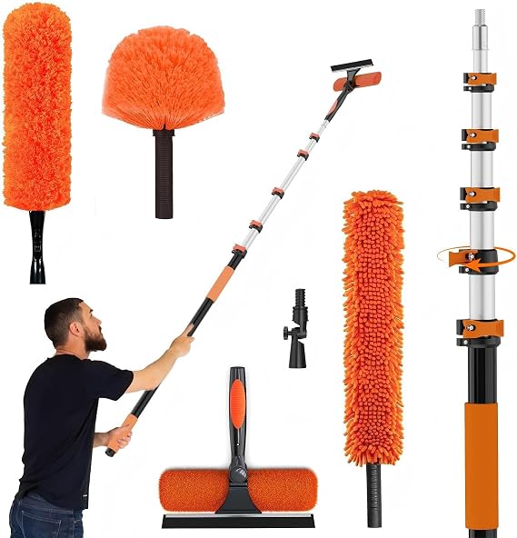 Ceiling Fan Duster with 5-12FT Pole Cobweb, Feather Duster & Window Squeegee Kit